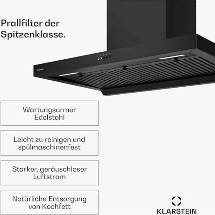 Klarstein AeroClean Dunstabzugshaube 90 cm, Wandhaube mit Boost-Modus 721 m³/h, A++ Energieeffizienz, LED-Beleuchtung 3800-4200 K, Drucktasten, Schwarz, Abluft & Umluft – Bild 4