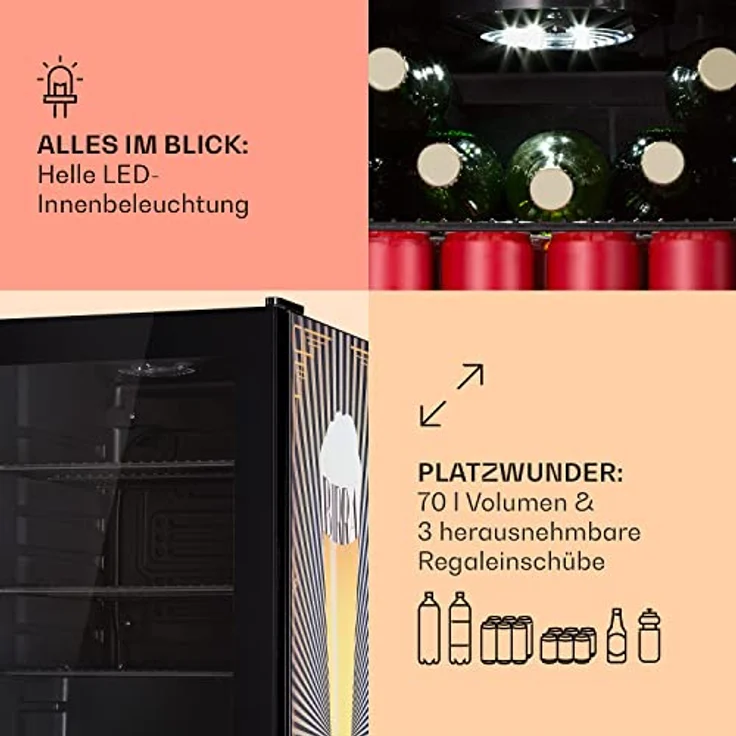 Klarstein Kühlschrank 70L, Mini Kühlschrank mit Glastür & LED, Outdoor Geeignet, Biersafe für Flaschen, 0-10°C – Bild 5