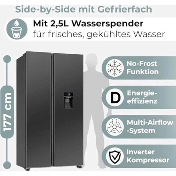 Bomann® SBS 7367, Side by Side Kühlschrank in dark inox, 439 Liter mit Inverter-Kompressor, Wasserspender, NoFrost und 5 Jahre Garantie – Bild 3