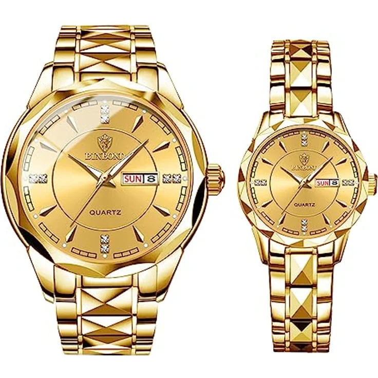 JewelryWe Paar Uhren Edelstahl, 2er Set Gold Analog Quarz Armbanduhr mit leuchtenden Zeigern, Datum/Wochenanzeige, 30m wasserdicht, für Herren und Damen – Bild 1
