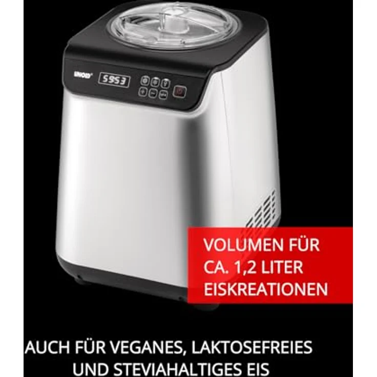 Unold Eismaschine Eismaschine Uno inklusive Eisbuch 1,2 L, vollautomatisch mit selbstkühlendem Kompressor, LCD-Display und 101 Rezepten, Silber – Bild 3