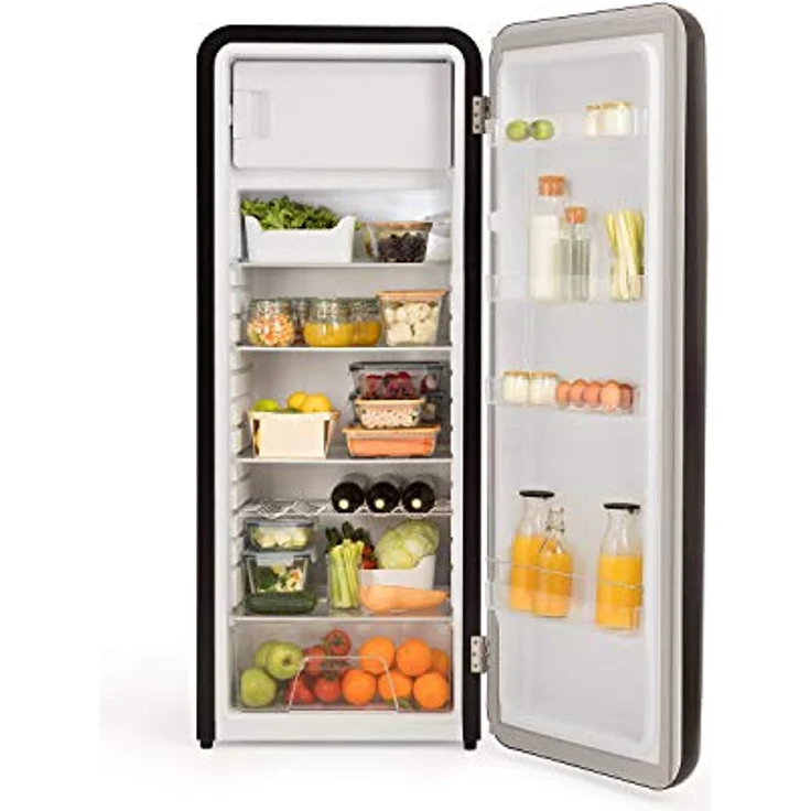 CREATE Retro Fridge 150, Kühlschrank mit Gefrierfach 281L in Schwarz mit rosa-goldenem Griff, 3 Ablagen, Temperaturregelung, 150cm – Bild 3