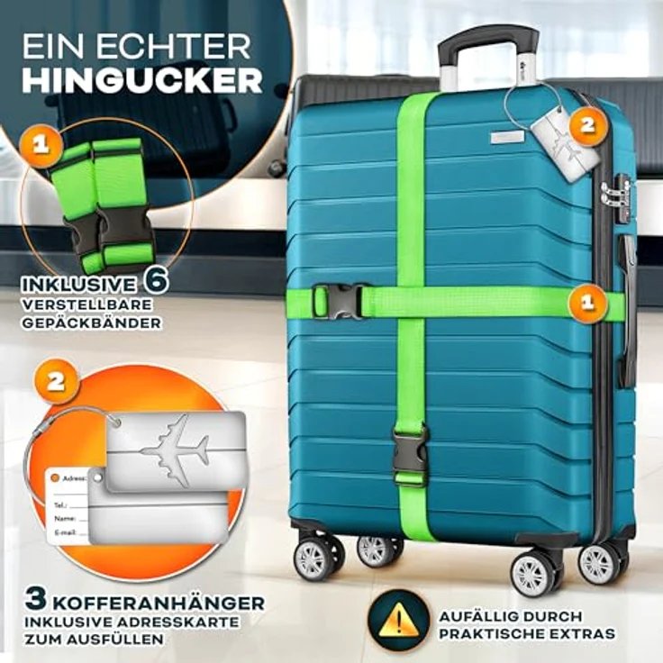 tillvex® Reisekoffer Set 3-TLG. Hartschalenkoffer S-M-L-XL mit 4 Rollen, TSA Schloss, Gepäckwaage, Koffergurte & Kofferanhänger, Türkis – Bild 2