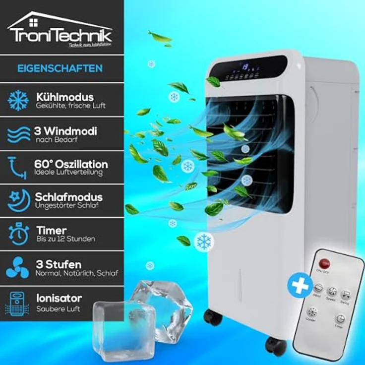 TroniTechnik Ventilatorkombigerät LK06 Aircooler, 10L Wassertank, 5in1 Ventilator, Ionisator, Fernbedienung, Timer, Kühlakku, Oszillation, Weiß – Bild 3