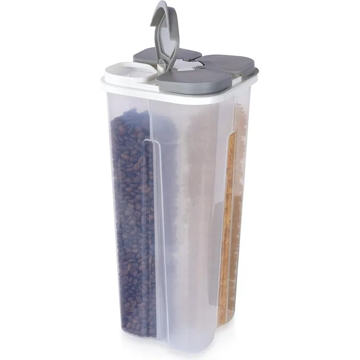 Excellent Houseware Vorratsbehälter mit 4 Fächern, 3 Liter Kapazität und integriertem Dosierer, transparent