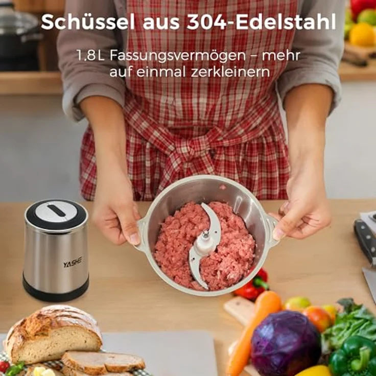 YASHE Elektrischer Zerkleinerer, 500W mit 1,8L Edelstahlschüssel, 4 doppelten Klingen und 2 Geschwindigkeiten, Schwarz+Edelstahl – Bild 2
