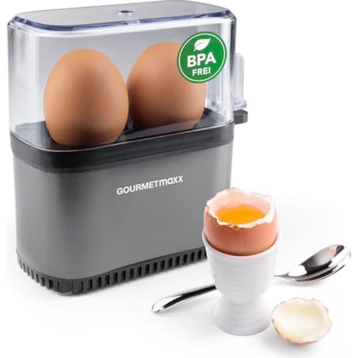 GOURMETmaxx Eierkocher Anthrazit für 2 Eier, Egg Boiler mit Eierstecher, 3 Härtegrade, spülmaschinenfeste Teile, kompakt und platzsparend – Bild 1