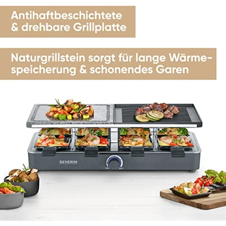Severin RG 2371 Raclette-Grill, 1400W, für 8 Personen, Thermostat, antihaftbeschichtet, schwarz – Bild 2