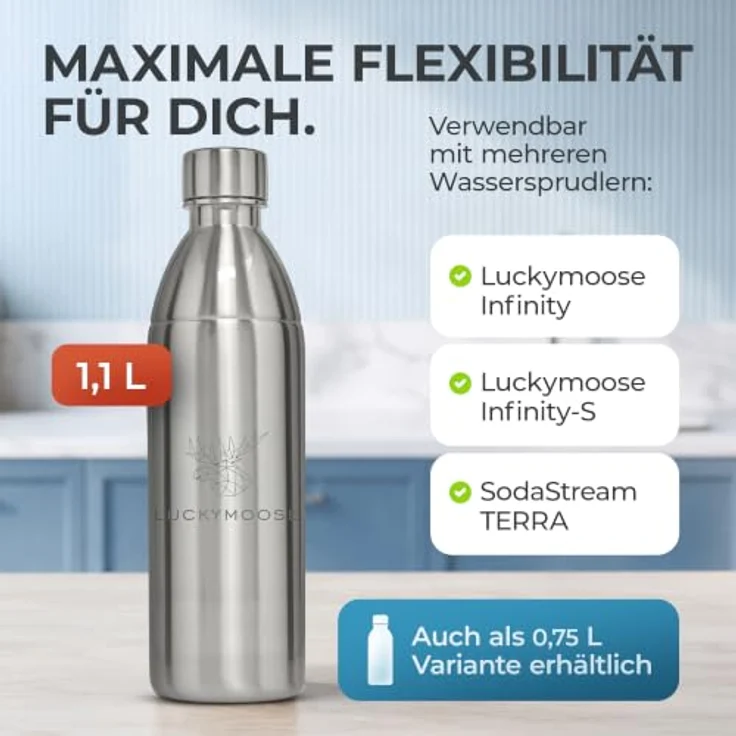 Luckymoose Infinity Edelstahlflasche Wassersprudler, spülmaschinenfest für SodaStream DUO & TERRA, 0,75 - 1,1 Liter, bruchsicher, ohne Ablaufdatum – Bild 6