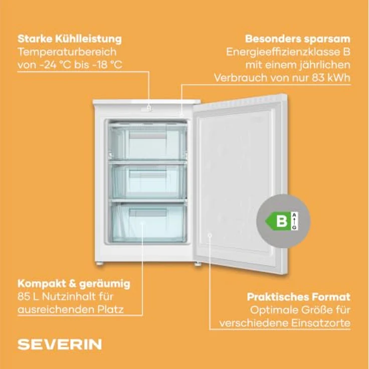 Severin Tisch-Gefrierschrank 85L, wechselbarer Türanschlag, -24°C bis -18°C, Energieeffizienzklasse B, weiß – Bild 3