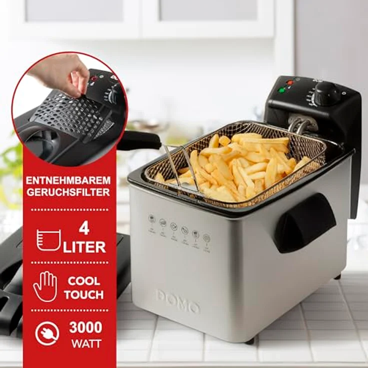 Domo Fritteuse DO465FR, 4 Liter Fassungsvermögen, Thermostat, 3000 Watt, silber – Bild 3