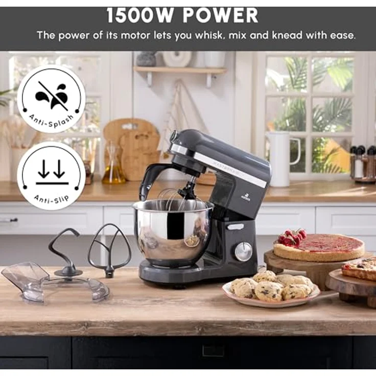 Karaca Mastermaid Chef Pro Double Armed Küche Koch 1500W Space Gray, Glänzend Cream, 1500W, 5 L Mixer, Food Processor, Geschwindigkeitseinstellung, Knethaken, Verquirlen, Kneten und Mischen – Bild 4