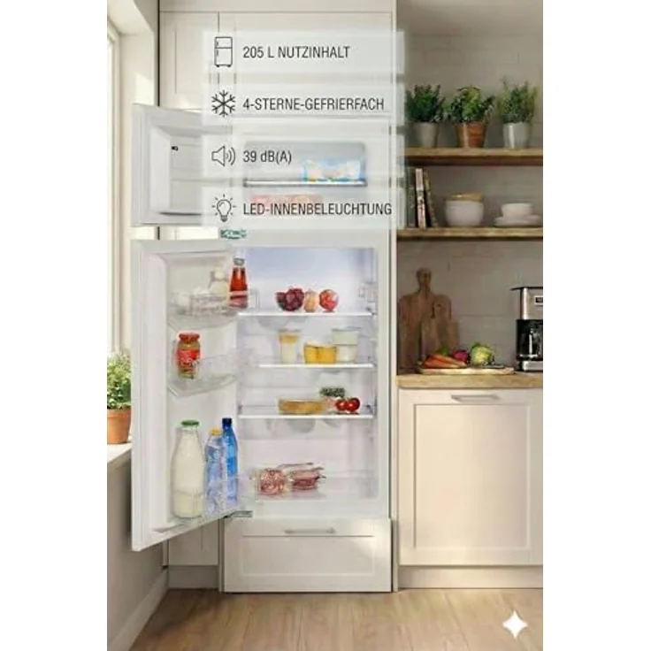 YUNA Fedora EKG225E, Einbau Kühlschrank Kühl-/Gefrierkombi mit 205L, LED Beleuchtung, Schlepptür, Weiß – Bild 5