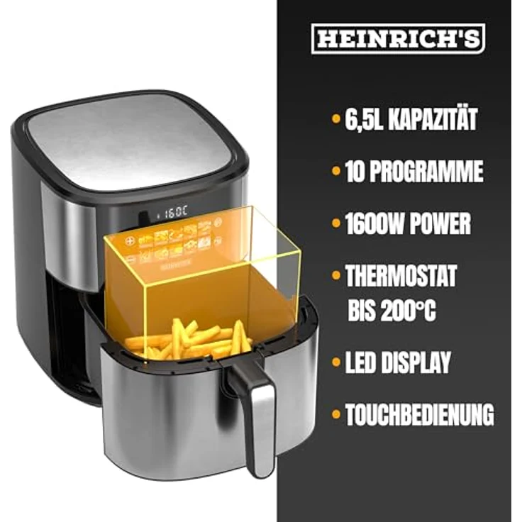 Heinrich´s Heißluftfritteuse XXL, 6,5 Liter 10in1 Air Fryer mit LED-Color-Display, Sensor-Touch, fettfreier Zubereitung, Timer und spülmaschinenfestem Korb, 1600W – Bild 3