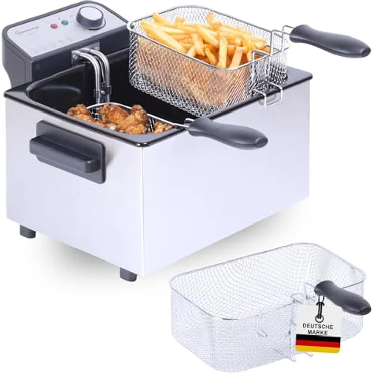 Sommertal XXL Doppel-Fritteuse mit Öl oder Fett – 3 Körbe, 5 Liter, 3000 Watt, Kaltzone, echte Edelstahl Fritteuse für knusprige Pommes – Bild 1