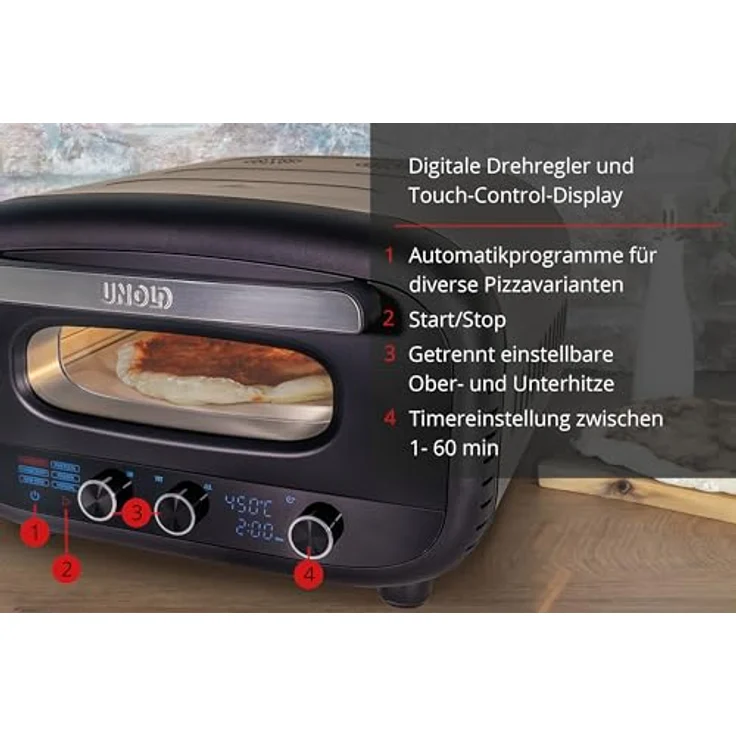 Unold Pizzaofen Alfredo 68805 – Premium Pizzaofen für Steinofenpizza, 450 °C Temperatur, Pizzastein, schnelles Aufheizen (Schwarz) – Bild 4