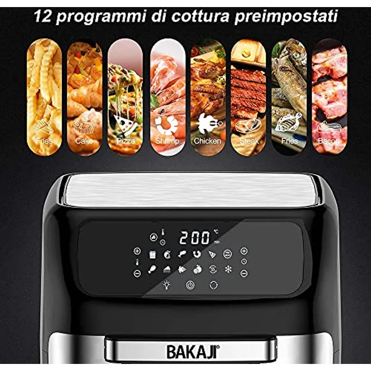 Bakaji Heißluftfritteuse, Kühlschrank, Trockengrill, ohne Öl, Airfryer Fassungsvermögen: 12 l, LED-Touch-Display 12 Programme, Timer-Einstellung, Temperaturregelung, Leistung 1800 W (schwarz) – Bild 4