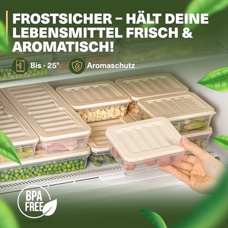 VIWARES Stapelbare Gefrierdosen 16er Set, Lebensmittel Organizer Beige, frostfest bis -25°C, wiederverwendbare Frischhaltedosen für Kühlschrank und Gefrierschrank – Bild 4