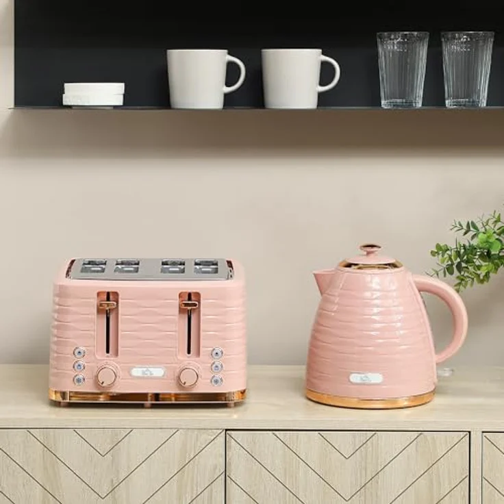 HOMCOM Toaster Frühstück-Set, 1,7L Wasserkocher und 4-Scheiben Toaster, 2200 W, mit Auftau-, Aufwärm- und Krümelfach, Rosa – Bild 6