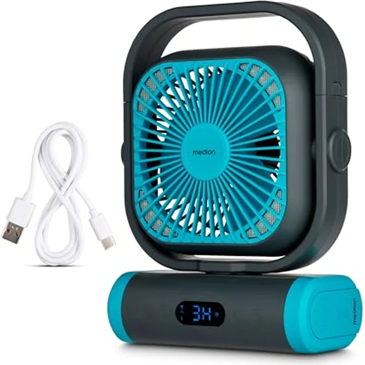 MEDION Tischventilator E10 TF, mobiler Campingventilator mit 5 Geschwindigkeitsstufen, Oszillation, Fernbedienung, Akku, Powerbankfunktion und LED Licht