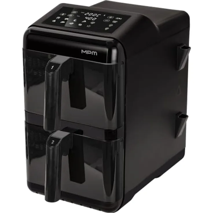 MPM MFR-13, Große Heißluftfritteuse mit 12 Litern, Doppelkammer, 3000W, Sync & Dual-Cook Funktion, Schüttel-Erinnerung