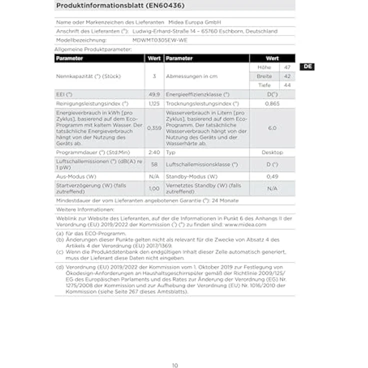 Midea MDWMT0305EW-WE, Kompaktgeschirrspüler in Weiß mit 3 Maßgedecken, 7 Programmen und LED-Bedienung – Bild 9