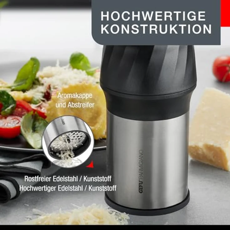 Gefu 34680 Käse-Reibe aus Edelstahl mit Deckel zur Aufbewahrung - Parmesan-Reibe mit Auffang-Behälter für die Küche – Bild 5