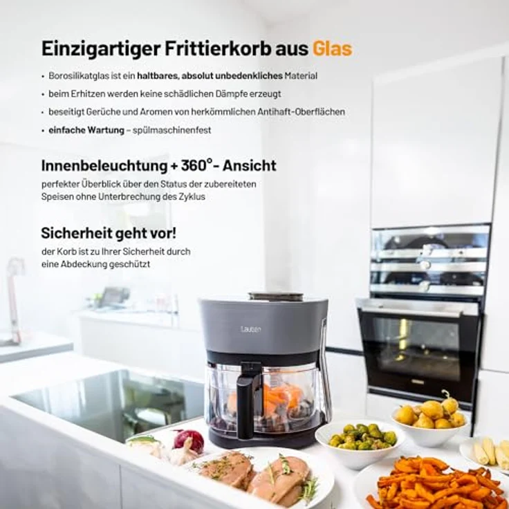 Lauben Glass&Steam Heißluftfritteuse 4500BG Air Fryer mit Glasfrittierkorb, Dampffunktion, 8 Programme, manuelle Zeit- und Temperatureinstellung, spülmaschinenfester Korb, Behältervolumen 4,5l – Bild 2