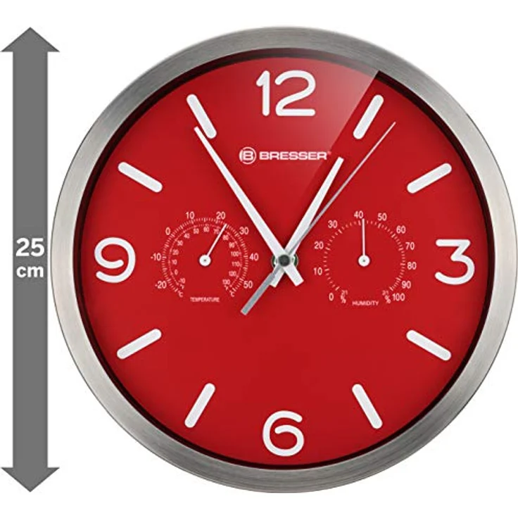 Bresser Funkuhr Wanduhr MyTime ND Thermo-Hygro mit geräuschlosem Funkuhrwerk, Edelstahlrahmen und Anzeige für Temperatur und Luftfeuchtigkeit, rot, 250x250mm – Bild 3