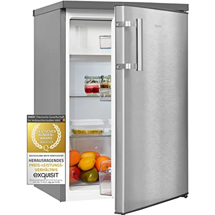 Exquisit Kühlschrank KS16-4-H-010D inoxlook | Kühlschrank mit Gefrierfach freistehend | 120 l Volumen | 4 Sterne Gefrieren | LED-Licht | 55 cm Breite – Bild 1