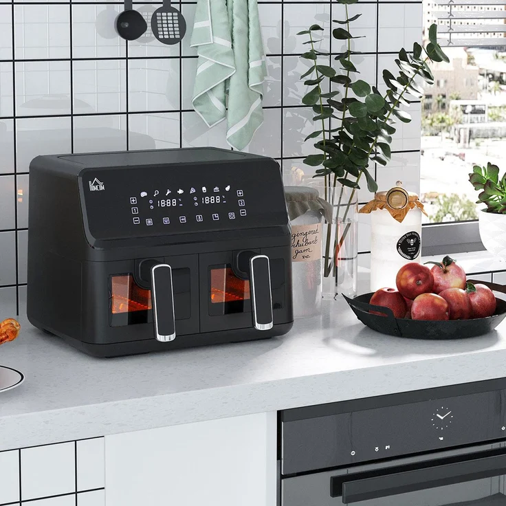 Xdovet Heißluftfritteuse 2 Frittierkorbe á 4 Liter, 8 Programme, 1250W, schwarz