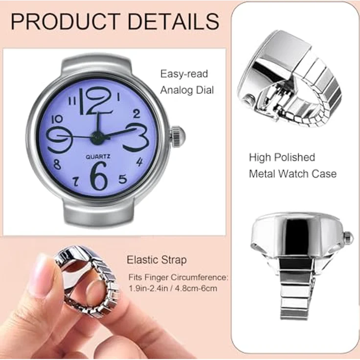 JewelryWe Ringuhr Fingeruhr für Herren und Damen, rund, Analog, Quarz, elastisches Legierungsband, lila – Bild 3