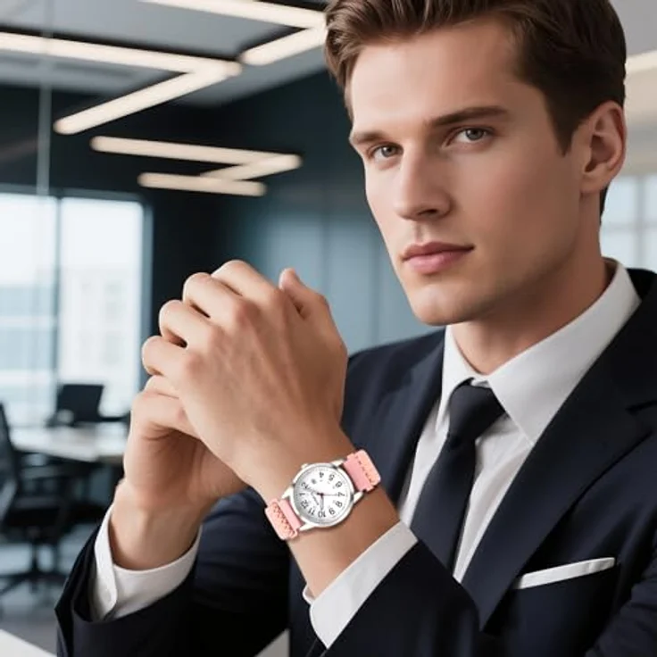JewelryWe Geflochtene Elastische Damenuhr/Herrenuhr, Analog Quarz mit Kalender, Rosa Gewebtes Stretcharmband, Große Ziffern und Datumsanzeige, 12/24 Stunden – Bild 5