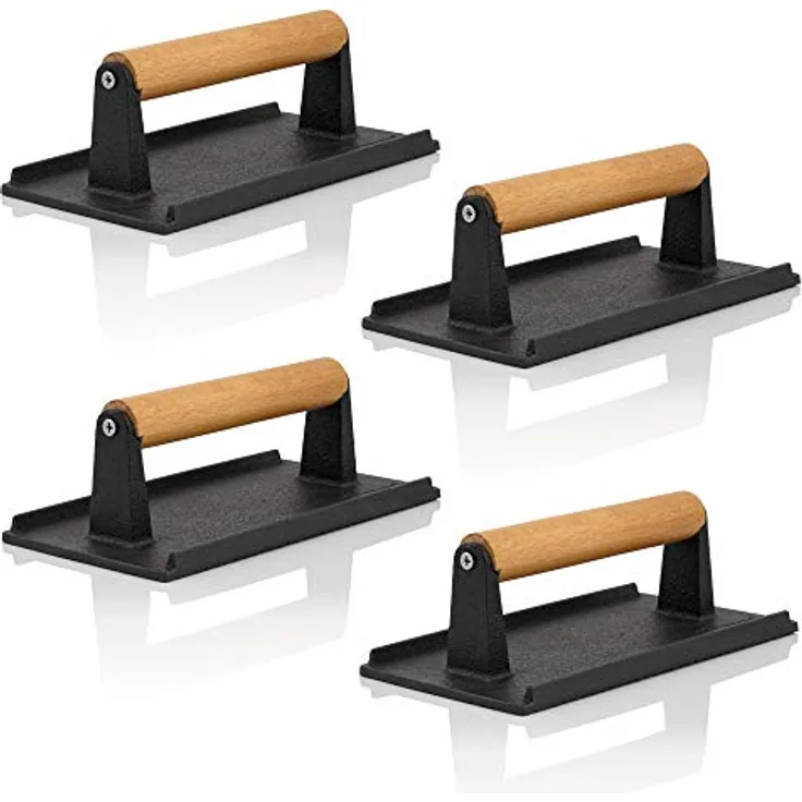 BBQ-Toro 4er Set Burgerpresse, Gusseisen Fleischbeschwerer 1 kg mit Holzgriff, bereits eingebrannt