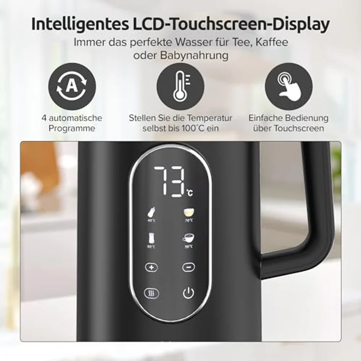 Olvy Wasserkocher mit Temperatureinstellung 1,7L – Edelstahl, LCD-Display, 2200W, BPA-frei, Warmhaltefunktion, Temperaturwahl 40–100°, Kalkfilter, cool touch – Bild 6