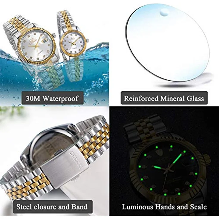 JewelryWe 2pcs Paar Uhr Analog Quarz mit Kalender, 30M Wasserdicht, Edelstahl Armband, Herren Damen Uhr mit Silber Strass Zifferblatt – Bild 4