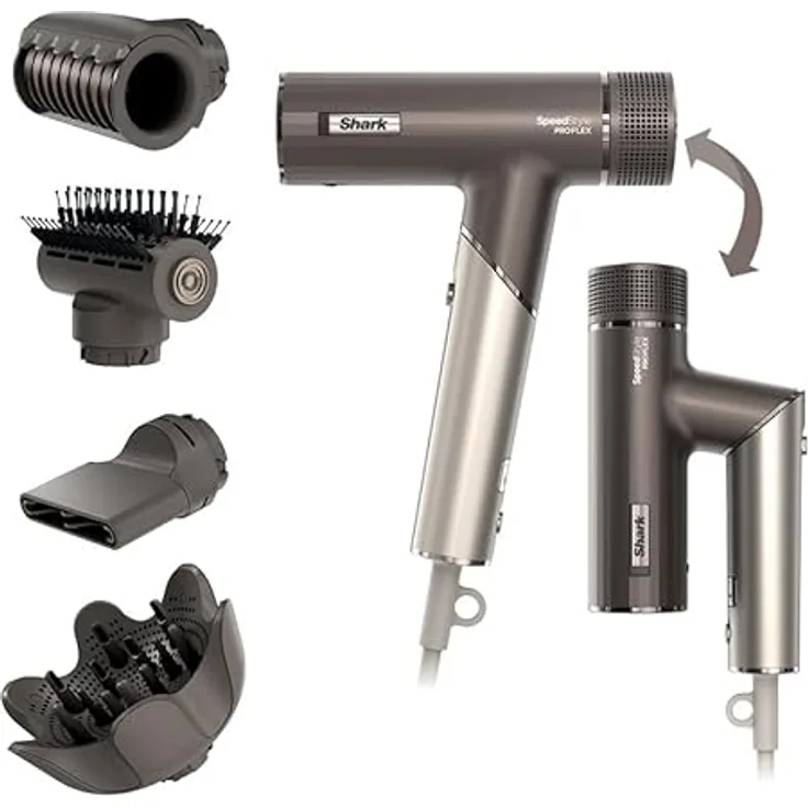 Shark SpeedStyle Pro FLEX Haartrockner, hohe Leistung & Power mit 4 Styling-Aufsätzen, leicht, keine Hitzeschäden, faltbarer Griff, für alle Haartypen, Mokka-Silber