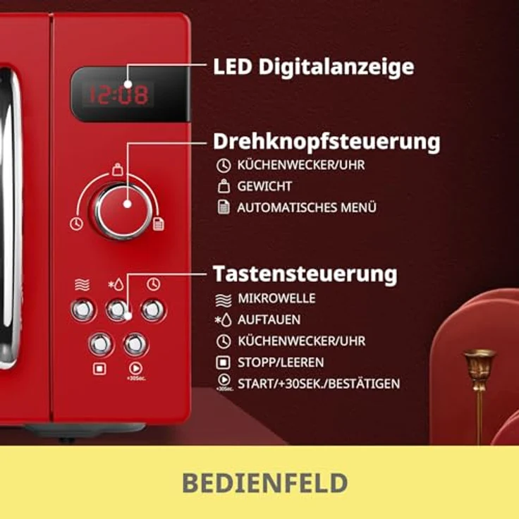 Comfee CMSRO 20 di rd Mikrowelle im Retro-Stil, Standgerät, 800 Watt, 20 Liter Garraum, rot – Bild 4