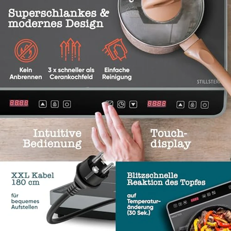 Stillstern Doppel-Induktionskochplatte ChefKoch Xtreme Duo 3600W, Glaskeramik, TurboBoost Technologie, 24h Timer – Bild 5