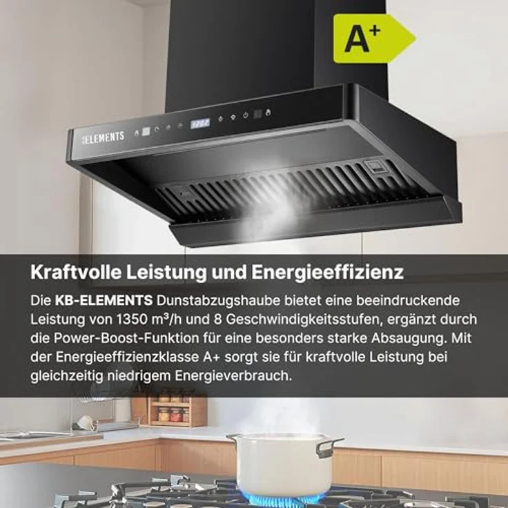 KB ELEMENTS Dunstabzugshaube 60cm, Umluft/Abluft Dunstabzugshaube in Schwarz mit 1350m³/h starker Saugleistung, 8 Einstellstufen, Aktivkohlefilter, Effizienz A+, ELK150H60 – Bild 4