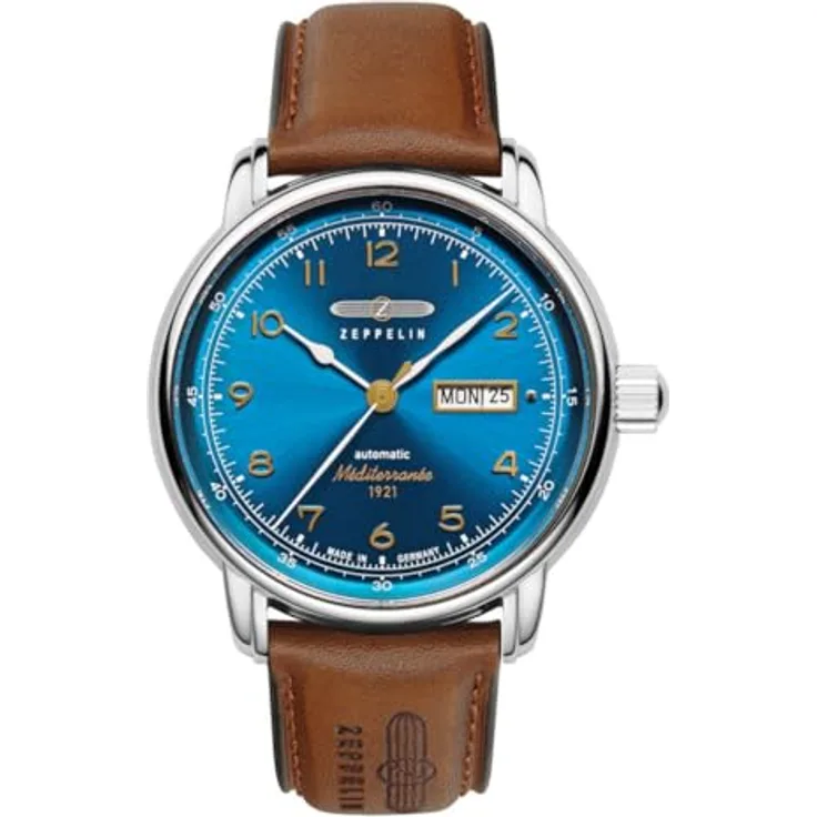 Zeppelin Automatikuhr 100 Jahre Méditerranée Day Date, Silberfarbenes Edelstahlgehäuse, blaues Sunray Zifferblatt, braunes Lederband, 5 ATM spritzwassergeschützt, 41 mm Gehäusedurchmesser