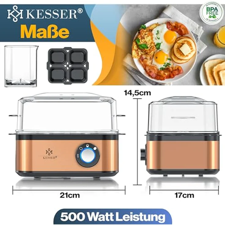 KESSER® Eierkocher NEU 500W für 1 bis 8 Eier aus Edelstahl mit Warmhaltefunktion, LED-Drehschalter, drei Härtegraden, BPA-frei & spülmaschinenfest, inkl. Messbecher, Eierhalter & Kupfer-Omelettschale – Bild 2