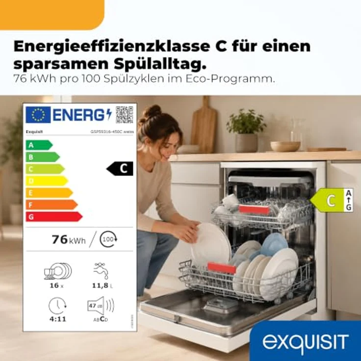 Exquisit GSP59316-450C Geschirrspüler, 16 Maßgedecke, Energieklasse C, 8 Spülprogramme, Aquastop, Innenbeleuchtung, Unterbaufähig, Weiß – Bild 2