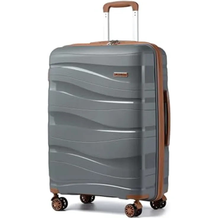 KONO 65 cm Mittelgroß Koffer, leichter Reisekoffer aus 100% Polypropylen mit 4 Rollen, TSA Schloss, grau-braun