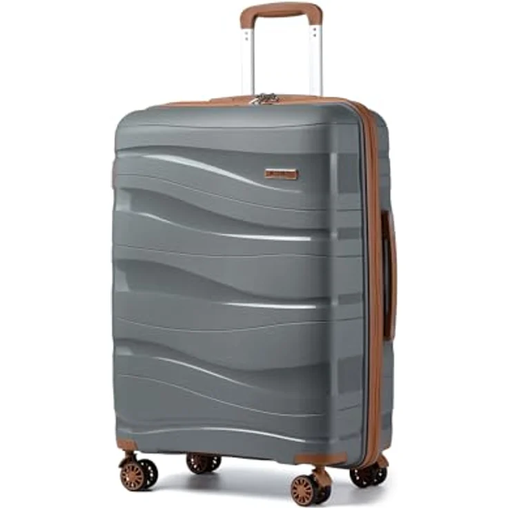 KONO 65 cm Mittelgroß Koffer, leichter Reisekoffer aus 100% Polypropylen mit 4 Rollen, TSA Schloss, grau-braun – Bild 1