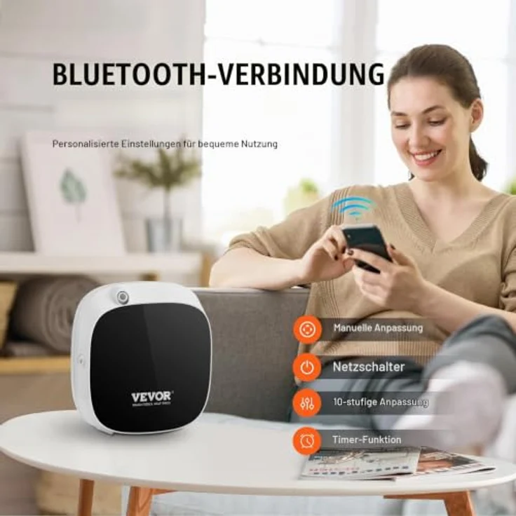 VEVOR Duft-Luftmaschine 100 ml, Bluetooth-Smart-Diffusor für ätherische Öle, wasserloser Kaltluftdiffusor für aromatische Raumluft bis 1000 m², leise Aromatherapie für Zuhause, Büro, Hotel, Spa – Bild 4