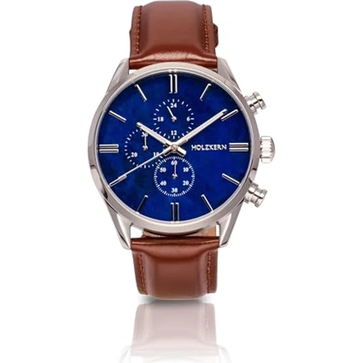 HOLZKERN Herrenuhr Chronograph Naturalist, Marmor/Silberfarben mit japanischem Quarzwerk, Datumsanzeige und Lederarmband – Bild 1