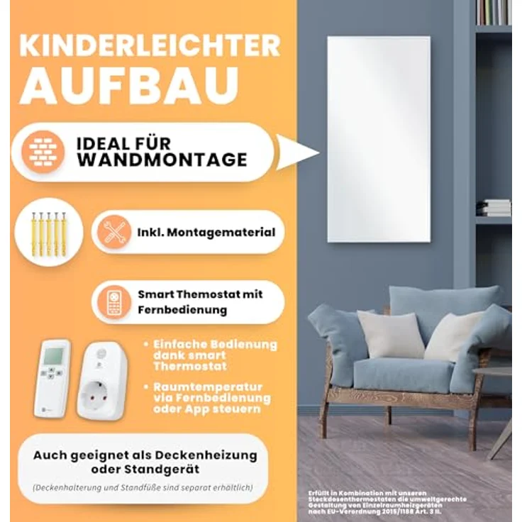 BR Bringer Infrarotheizung 1200 Watt - Energiesparend mit Smart Thermostat und Fernbedienung - 5 Jahre Garantie, TÜV GS - Deutsche Qualitätsmarke (weiß) – Bild 4