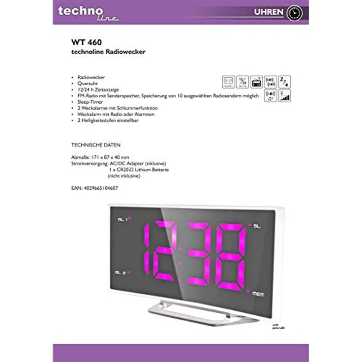 Technoline WT460 pink 2 x Weckalarm, 10 Speicherplätze für Radiosender, Display 2-stufig dimmbar, Kunststoff, weiß, 171 x 87 x 40 mm – Bild 2