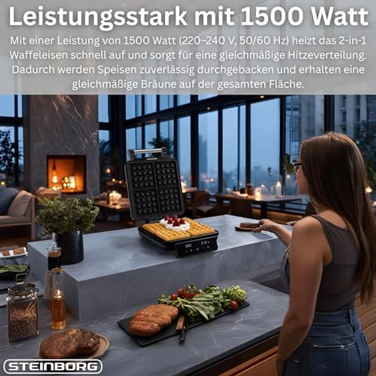 Steinborg® 2-in-1 Waffeleisen & Sandwichmaker, 1500 Watt mit Touch Panel & LED-Display, abnehmbare antihaftbeschichtete Platten, spülmaschinengeeignet, für Belgische Waffeln & Sandwiches – Bild 4